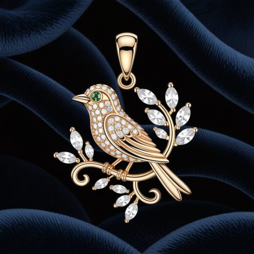 Art Deco Bird on Branch Pendant Necklace – 925 Silver or 22K Gold