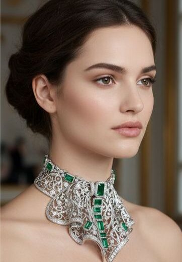 Green Zircon Vintage Lace Filigree Choker Set – 925 Silver or 22K Gold