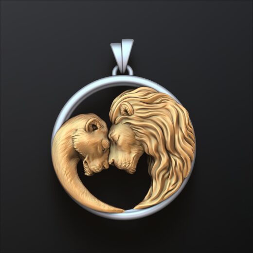 Two-Tone Lion & Lioness Couple Pendant in Rhodium – 925 Silver or 22K Gold