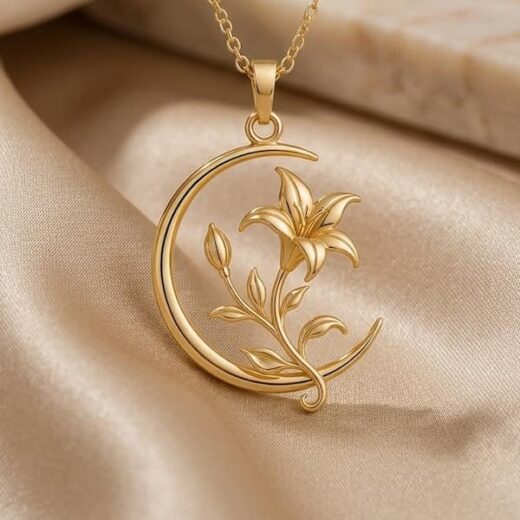 3D Celestial Lily Crescent Moon Pendant – 925 Silver or 22K Gold