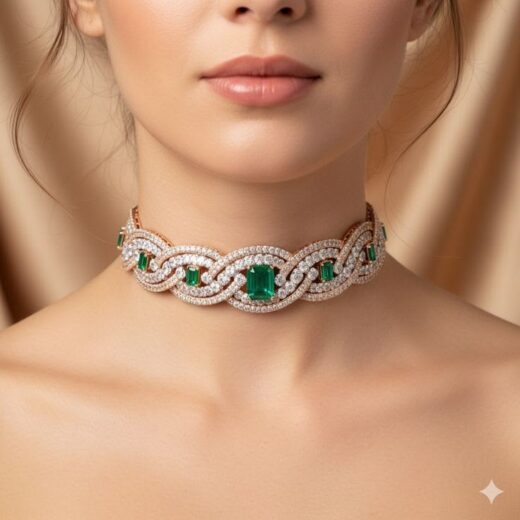Green Zircons Interwoven Braid Choker Set – 925 Silver or 22K Gold