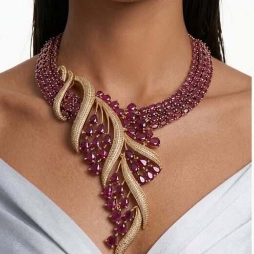 Royal Ruby-Red Cascading Pear Cut Bridal Statement Necklace set – 925 Silver or 22K Gold