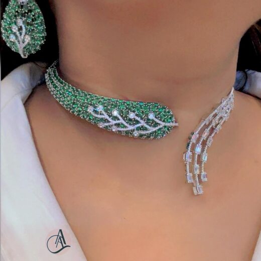 Premium Zirconia Emerald-Green Doublet Stone Hasli Necklace with Earrings – 925 Silver or 22K Gold